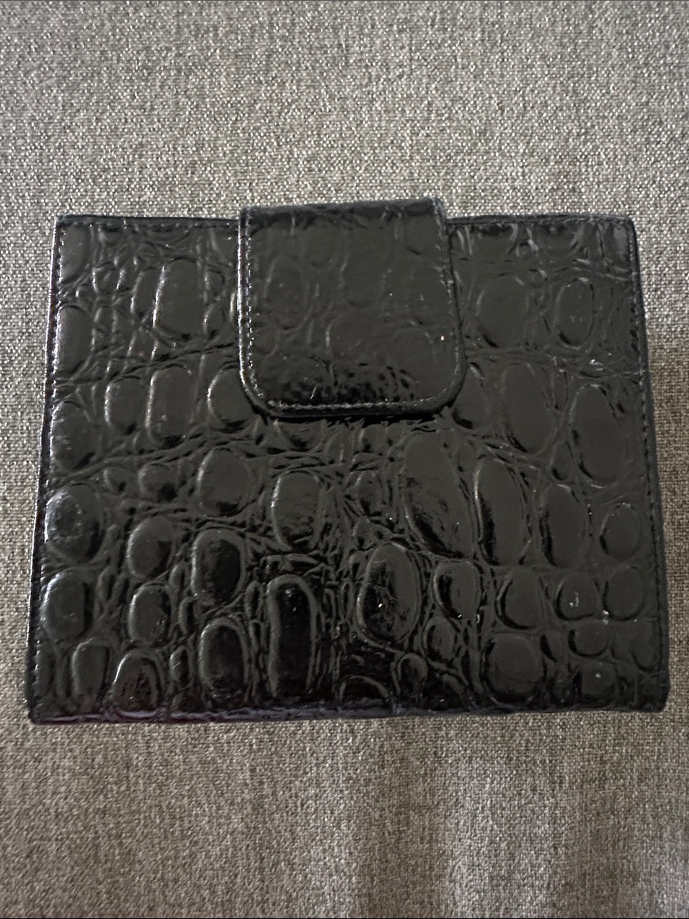 Croc-Embossed Patent Black Women's Wallet with Snap Closure